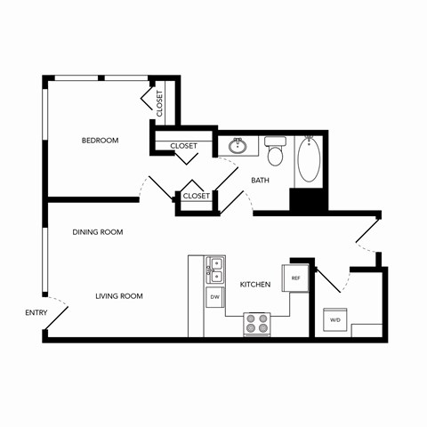 Floor plan for 1 bed, 1 bath, 653 sqft